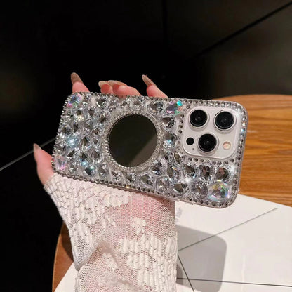 ELECTROPRIME For iPhone 15 Plus Mirror Handmade Bling Rhinestone PC Phone Case(Silver Gray Flower)