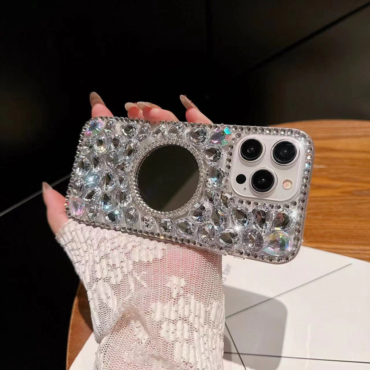 ELECTROPRIME For iPhone 15 Mirror Handmade Bling Rhinestone PC Phone Case(Silver Gray Square)