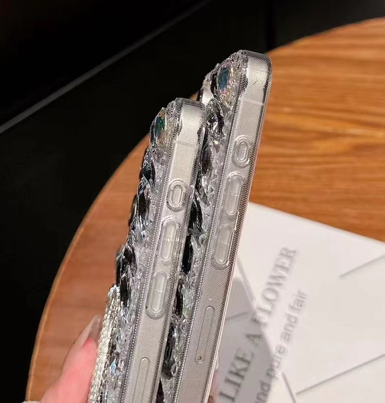 ELECTROPRIME For iPhone 15 Plus Mirror Handmade Bling Rhinestone PC Phone Case(Silver Gray Flower)