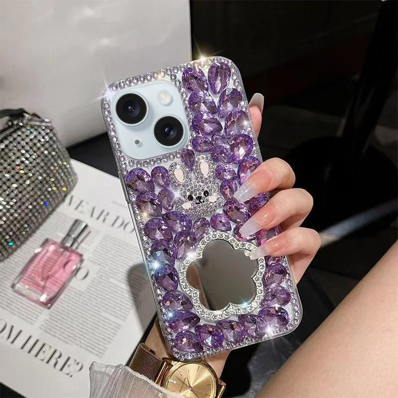 ELECTROPRIME For iPhone 15 Plus Diamond Mirror Bunny Handmade PC Phone Case(Purple Flower Mirror)