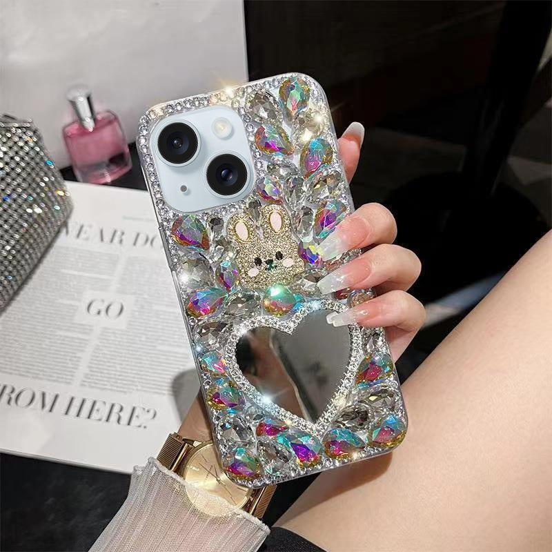 ELECTROPRIME For iPhone 15 Diamond Mirror Bunny Handmade PC Phone Case(Colorful Love Mirror)