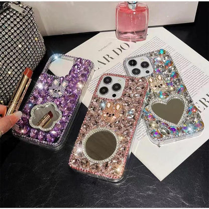 ELECTROPRIME For iPhone 15 Plus Diamond Mirror Bunny Handmade PC Phone Case(Purple Flower Mirror)