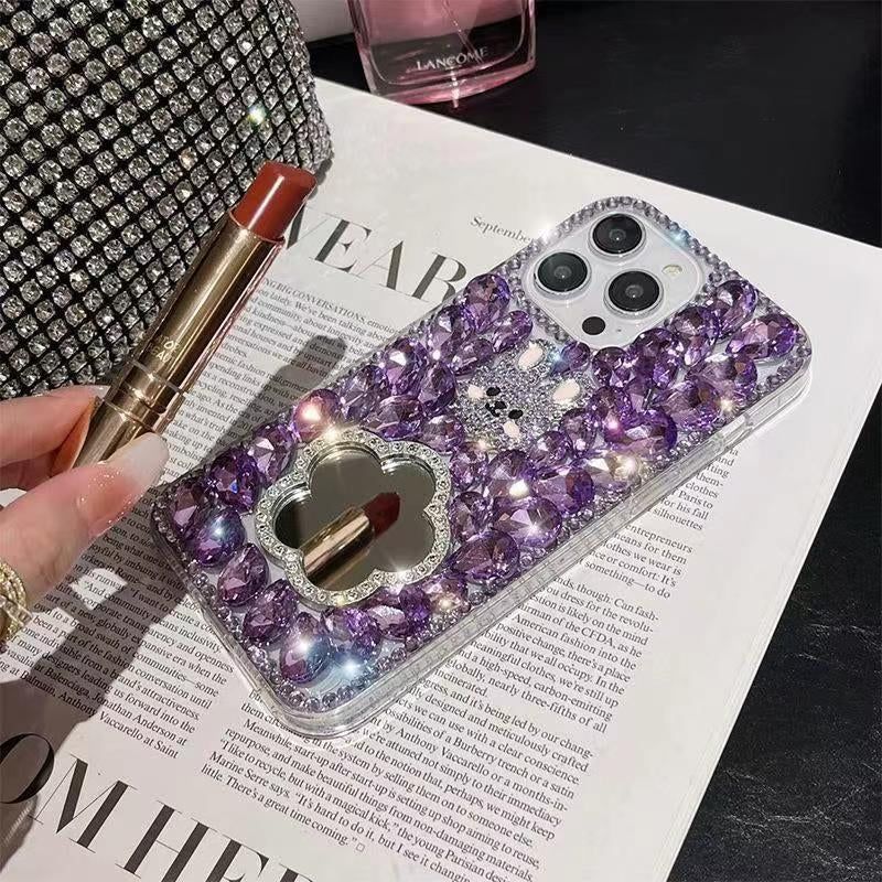 ELECTROPRIME For iPhone 15 Plus Diamond Mirror Bunny Handmade PC Phone Case(Purple Flower Mirror)