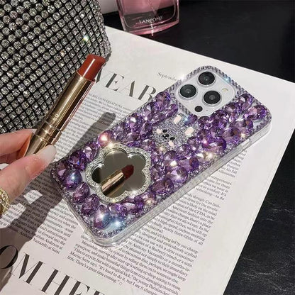 ELECTROPRIME For iPhone 15 Plus Diamond Mirror Bunny Handmade PC Phone Case(Purple Flower Mirror)