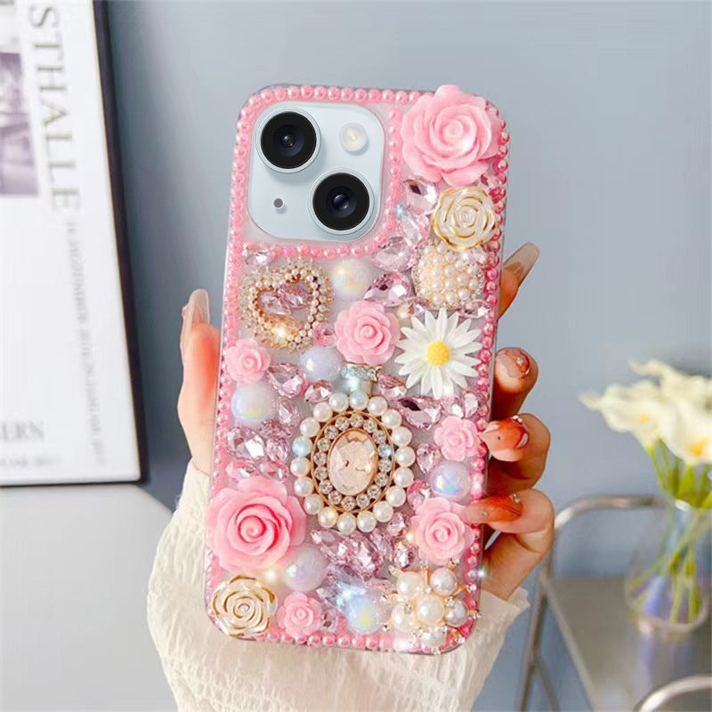 ELECTROPRIME For iPhone 15 Plus Diamond Inlaid Rose PC Phone Case(Pink)