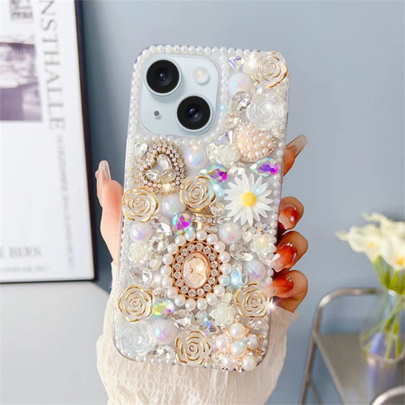 ELECTROPRIME For iPhone 15 Diamond Inlaid Rose PC Phone Case(White)