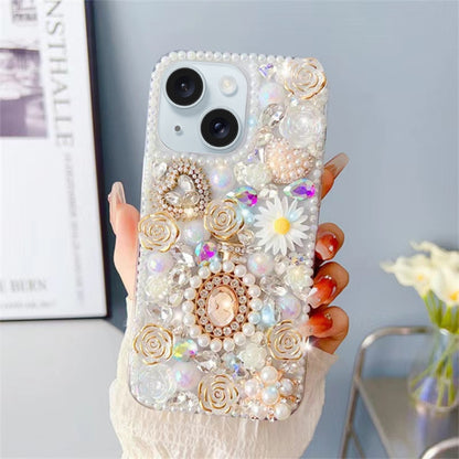 ELECTROPRIME For iPhone 15 Diamond Inlaid Rose PC Phone Case(White)