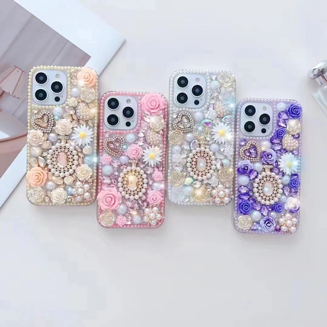 ELECTROPRIME For iPhone 15 Plus Diamond Inlaid Rose PC Phone Case(Pink)