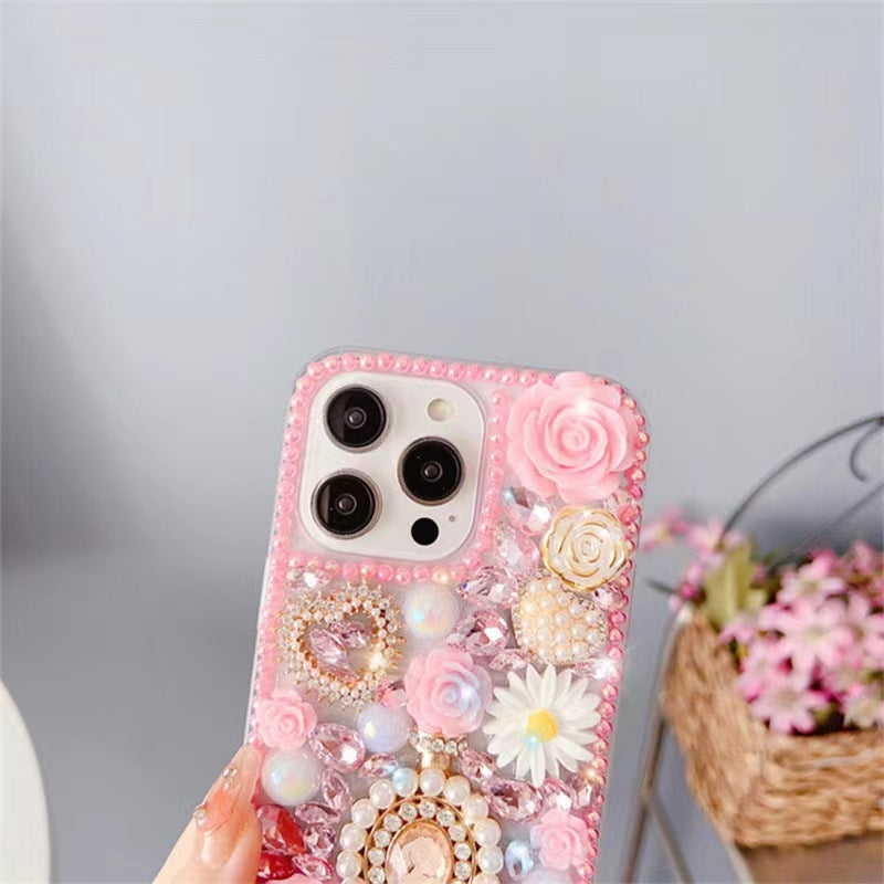 ELECTROPRIME For iPhone 15 Plus Diamond Inlaid Rose PC Phone Case(Pink)