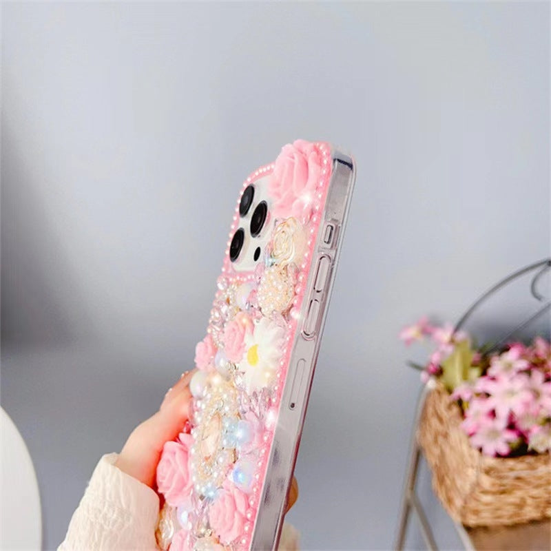 ELECTROPRIME For iPhone 15 Plus Diamond Inlaid Rose PC Phone Case(Pink)