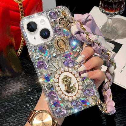 ELECTROPRIME For iPhone 15 Handmade Diamond Purple Gemstone Scarf Bracelet PC Phone Case(White)
