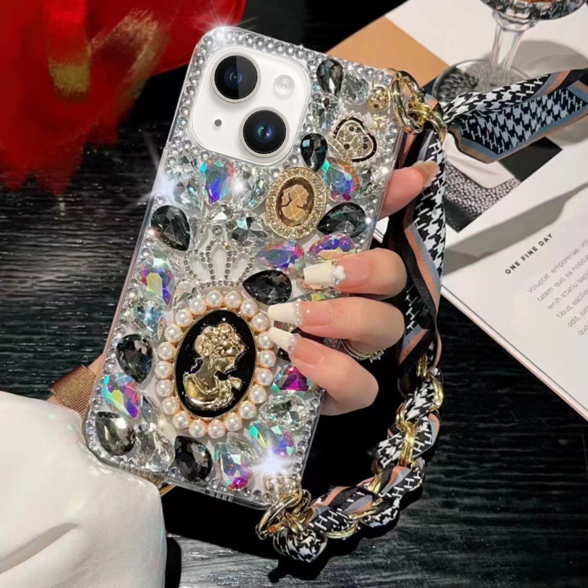 ELECTROPRIME For iPhone 15 Handmade Diamond Purple Gemstone Scarf Bracelet PC Phone Case(Black)