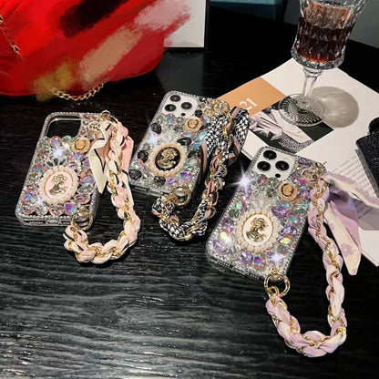 ELECTROPRIME For iPhone 15 Handmade Diamond Purple Gemstone Scarf Bracelet PC Phone Case(White)