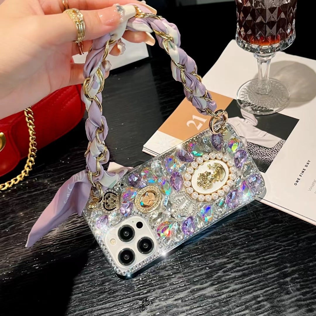 ELECTROPRIME For iPhone 15 Handmade Diamond Purple Gemstone Scarf Bracelet PC Phone Case(White)