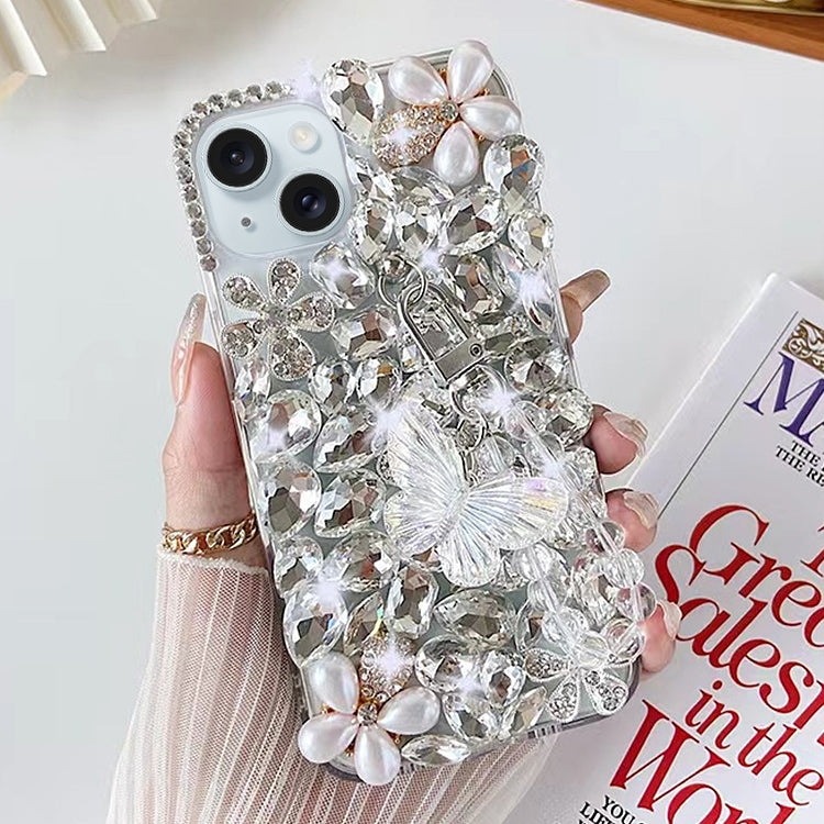 ELECTROPRIME For iPhone 15 Plus Handmade Butterfly Diamond Inlay PC Phone Case(White)