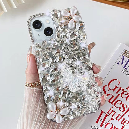 ELECTROPRIME For iPhone 15 Plus Handmade Butterfly Diamond Inlay PC Phone Case(White)