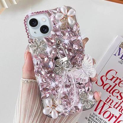 ELECTROPRIME For iPhone 15 Handmade Butterfly Diamond Inlay PC Phone Case(Pink)