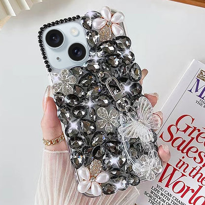 ELECTROPRIME For iPhone 15 Handmade Butterfly Diamond Inlay PC Phone Case(Black)