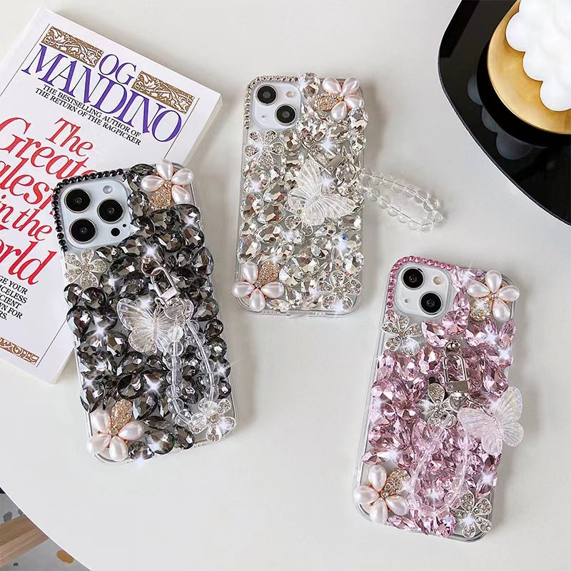 ELECTROPRIME For iPhone 15 Plus Handmade Butterfly Diamond Inlay PC Phone Case(White)