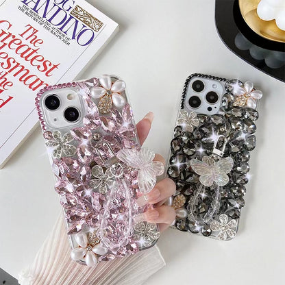 ELECTROPRIME For iPhone 15 Plus Handmade Butterfly Diamond Inlay PC Phone Case(White)