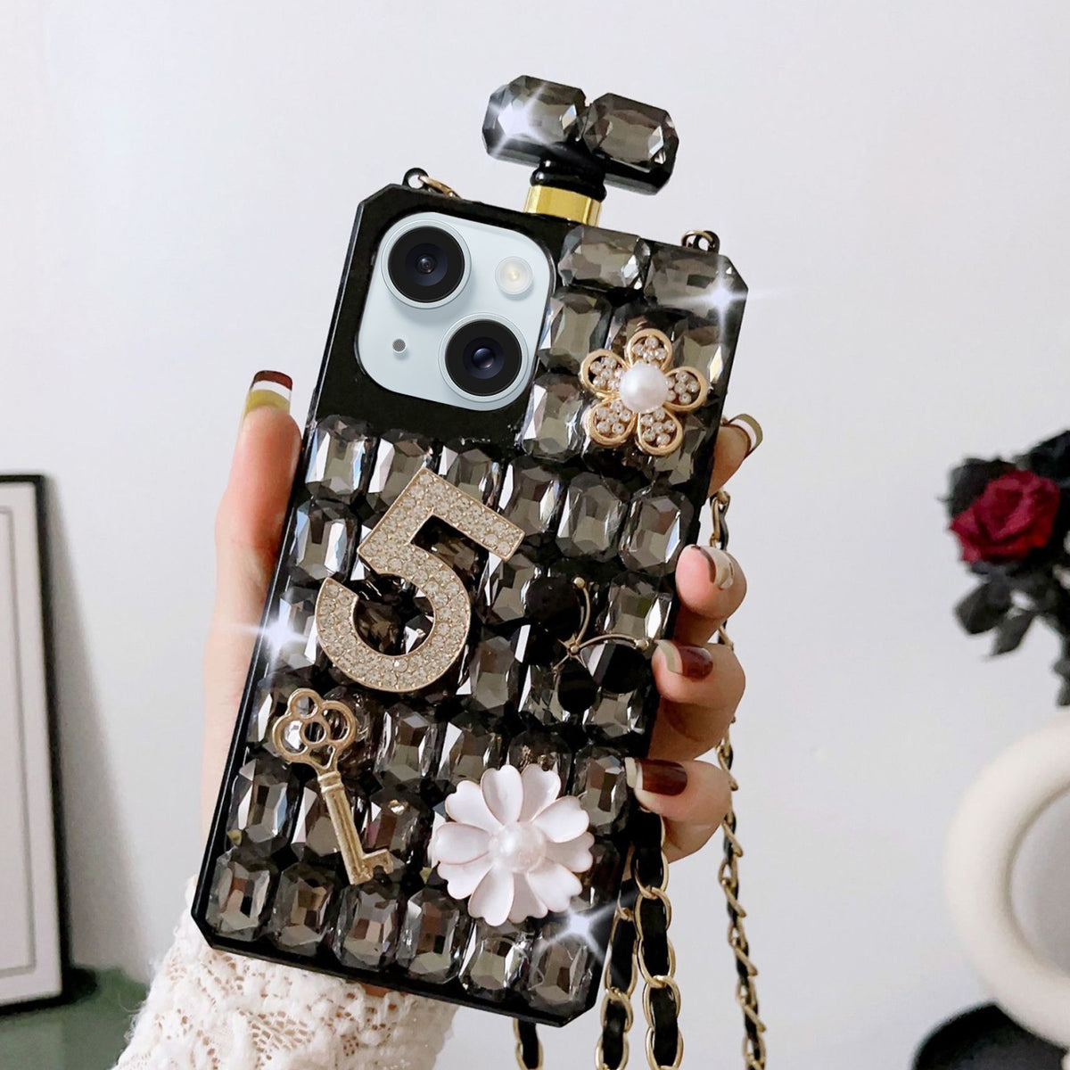 ELECTROPRIME For iPhone 15 Plus Crossbody Perfume Bottle Handmade Inlaid Diamond PC Phone Case(Black)