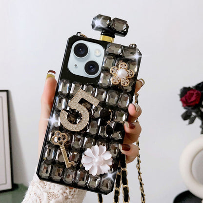 ELECTROPRIME For iPhone 15 Crossbody Perfume Bottle Handmade Inlaid Diamond PC Phone Case(Black)