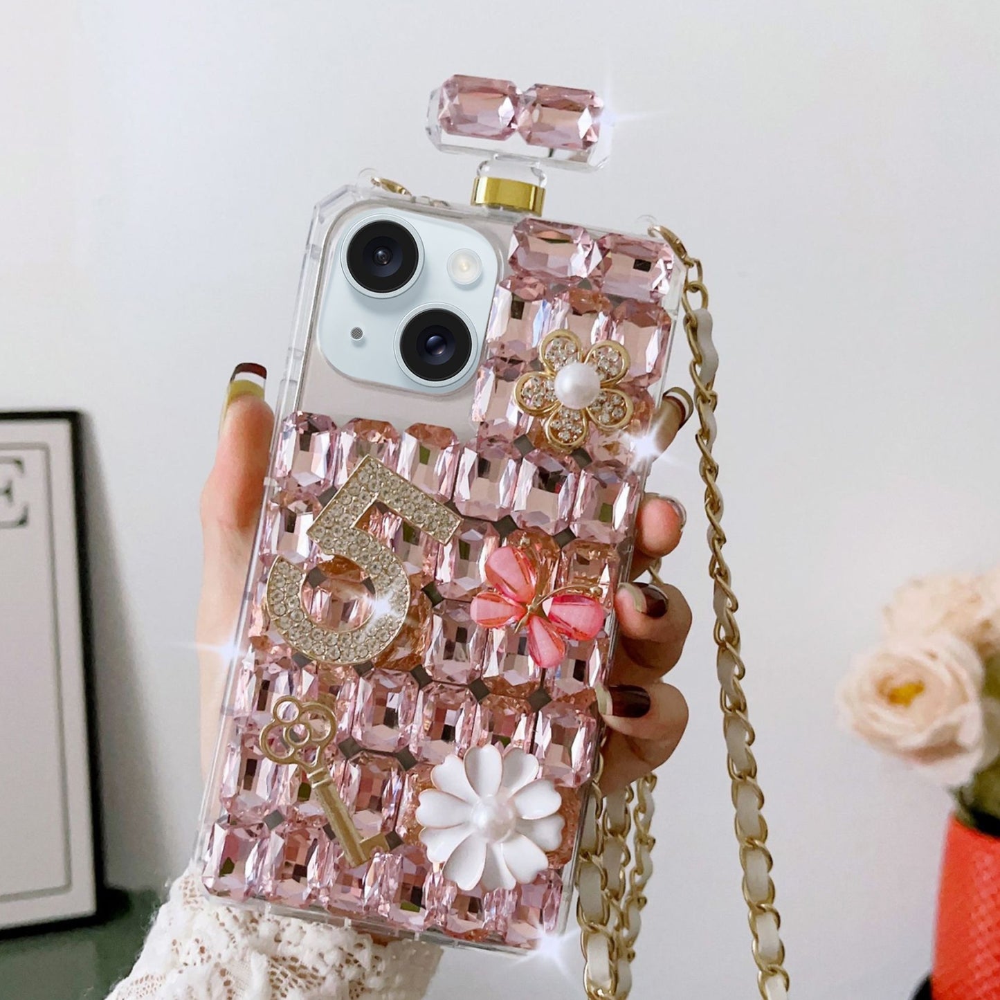 ELECTROPRIME For iPhone 15 Crossbody Perfume Bottle Handmade Inlaid Diamond PC Phone Case(Pink)