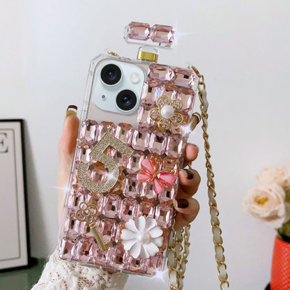 ELECTROPRIME For iPhone 15 Crossbody Perfume Bottle Handmade Inlaid Diamond PC Phone Case(Pink)