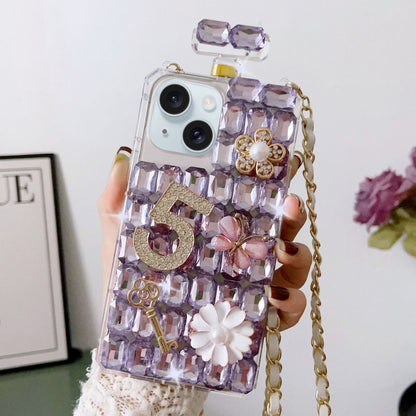 ELECTROPRIME For iPhone 15 Crossbody Perfume Bottle Handmade Inlaid Diamond PC Phone Case(Purple)