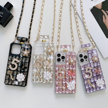 ELECTROPRIME For iPhone 15 Plus Crossbody Perfume Bottle Handmade Inlaid Diamond PC Phone Case(Black)