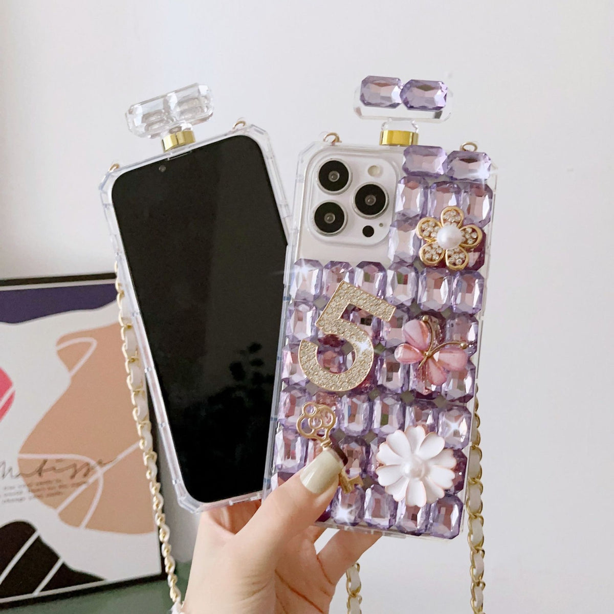 ELECTROPRIME For iPhone 15 Plus Crossbody Perfume Bottle Handmade Inlaid Diamond PC Phone Case(Black)