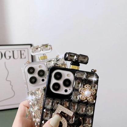 ELECTROPRIME For iPhone 15 Plus Crossbody Perfume Bottle Handmade Inlaid Diamond PC Phone Case(Black)