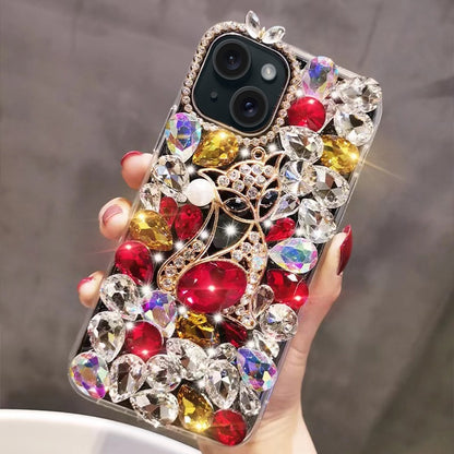 ELECTROPRIME For iPhone 15 Plus Handmade Bling Rhinestone Gemstone Fox PC Phone Case(Red)