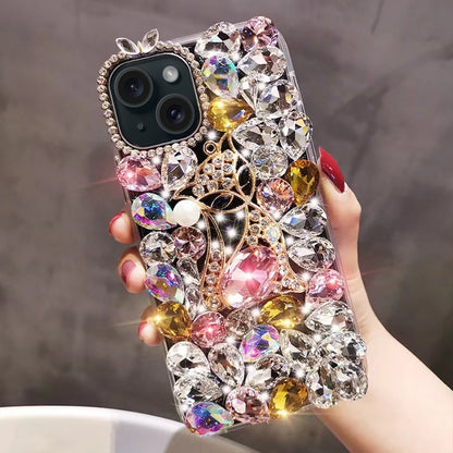 ELECTROPRIME For iPhone 15 Handmade Bling Rhinestone Gemstone Fox PC Phone Case(Pink)