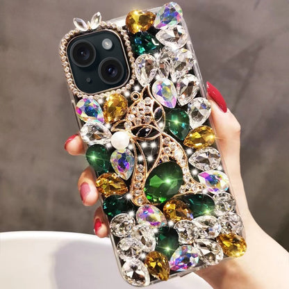 ELECTROPRIME For iPhone 15 Handmade Bling Rhinestone Gemstone Fox PC Phone Case(Green)