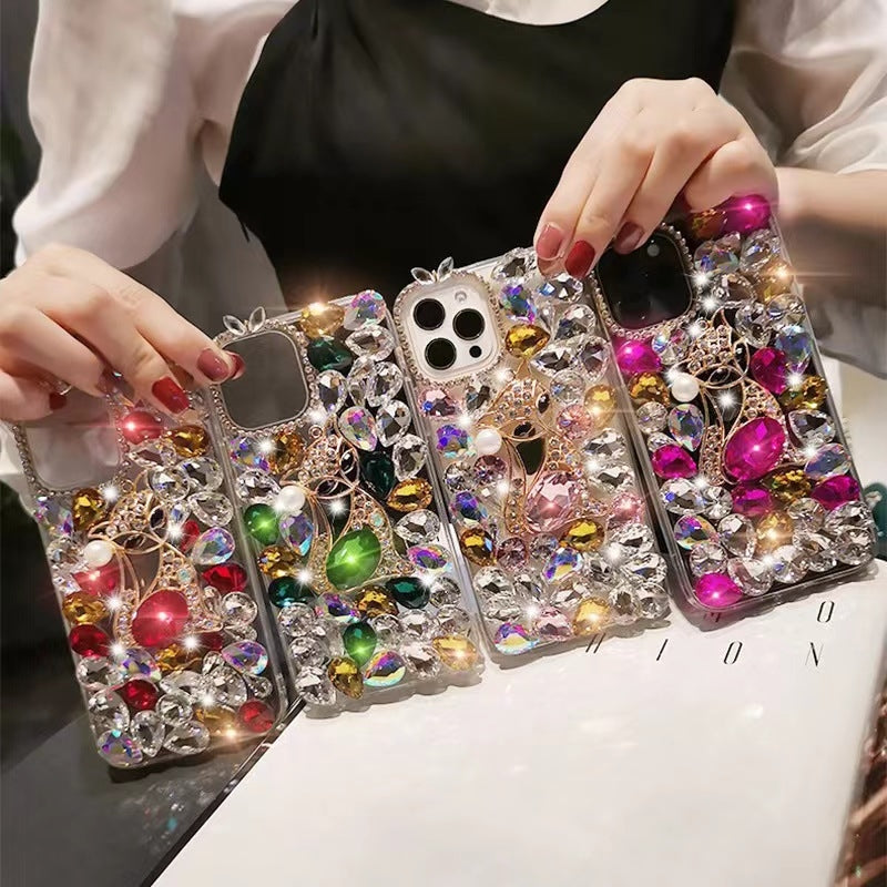 ELECTROPRIME For iPhone 15 Plus Handmade Bling Rhinestone Gemstone Fox PC Phone Case(Red)