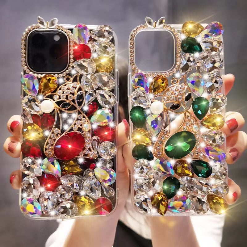 ELECTROPRIME For iPhone 15 Plus Handmade Bling Rhinestone Gemstone Fox PC Phone Case(Red)