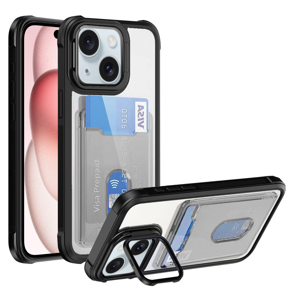 ELECTROPRIME For iPhone 15 Card Bag Holder Acrylic Hybrid TPU Phone Case(Black)