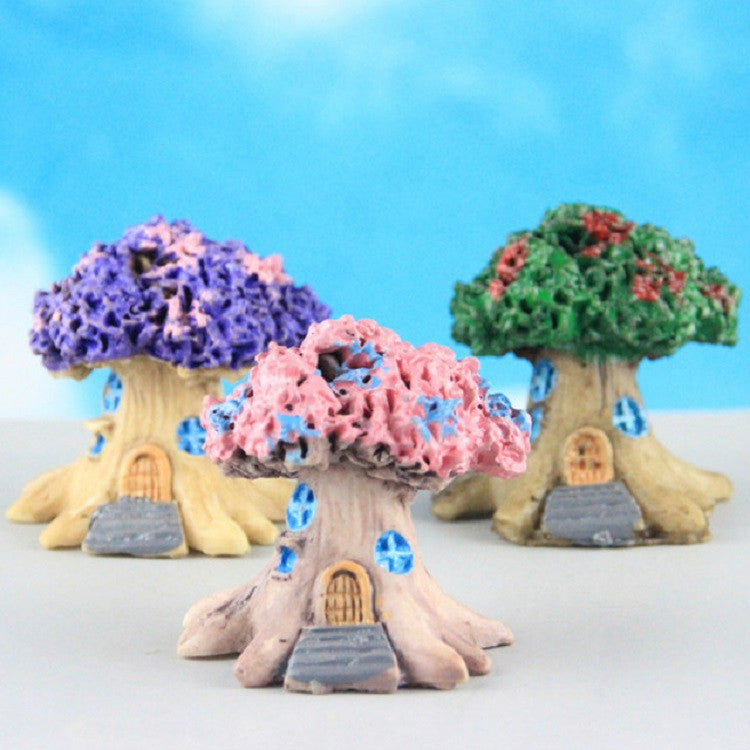 ELECTROPRIME Micro Landscape Flower Pot Decoration Fleshy Cartoon Construction Toy Big Tree House Resin Decoration(Pink)