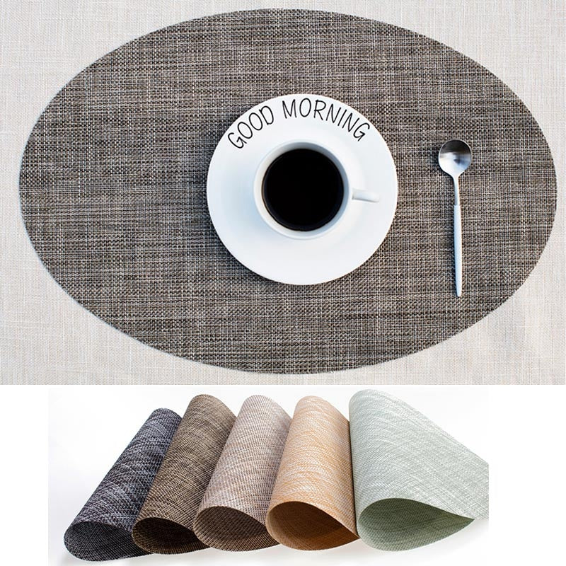 ELECTROPRIME PVC Oval Shape Dining Table Mat Heat Insulation Non-Slip Placemats Disc Bowl Tableware Pads(Linen)