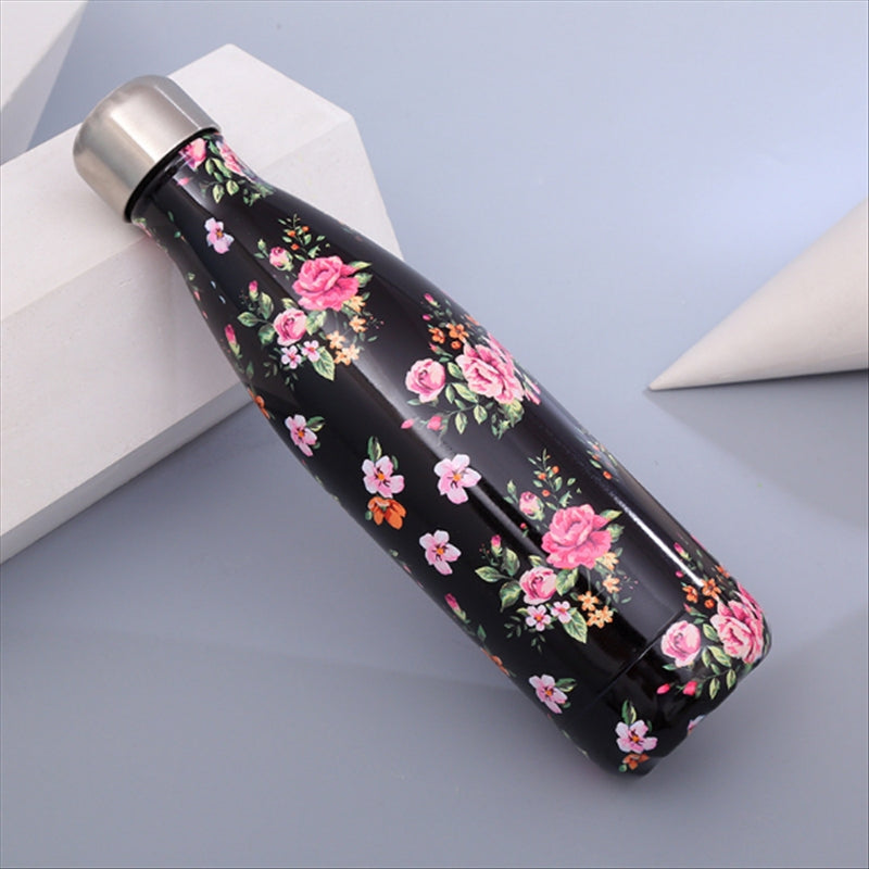 ELECTROPRIME Animals Plants Pattern Thermal Cup Vacuum Flask Heat Water Bottle Portable Stainless Steel Sports Kettle, Capacity:500ml(Black Flower)