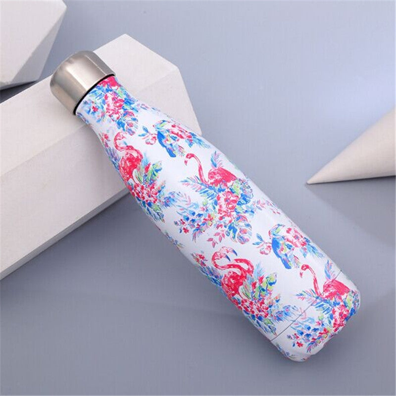 ELECTROPRIME Animals Plants Pattern Thermal Cup Vacuum Flask Heat Water Bottle Portable Stainless Steel Sports Kettle, Capacity:500ml(White Flamingo)