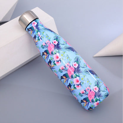 ELECTROPRIME Animals Plants Pattern Thermal Cup Vacuum Flask Heat Water Bottle Portable Stainless Steel Sports Kettle, Capacity:500ml(Blue Flamingo)