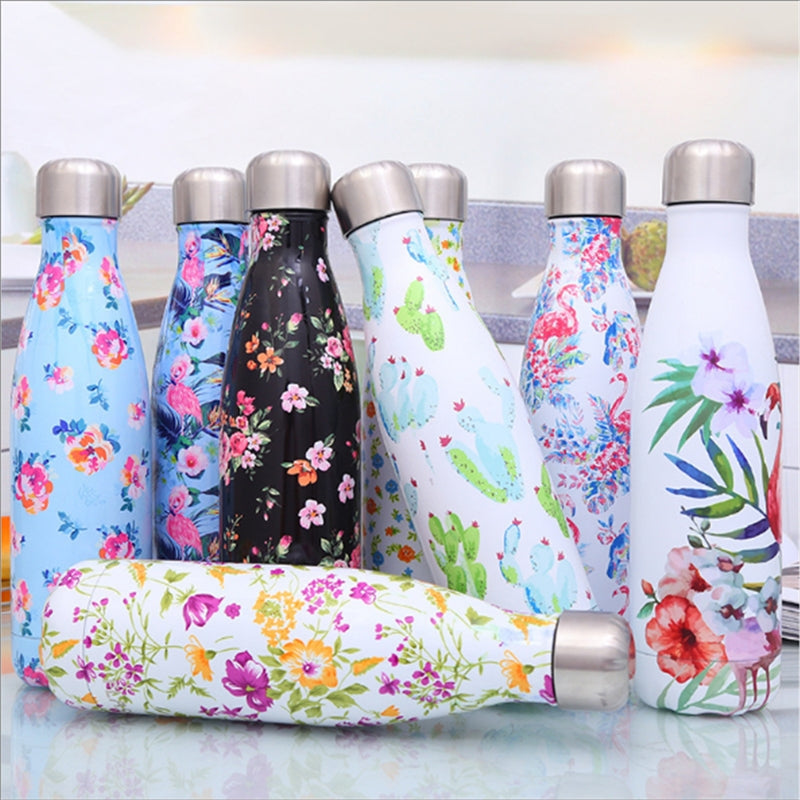 ELECTROPRIME Animals Plants Pattern Thermal Cup Vacuum Flask Heat Water Bottle Portable Stainless Steel Sports Kettle, Capacity:500ml(Blue Flamingo)