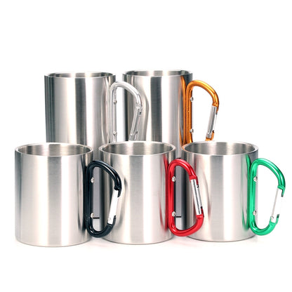 ELECTROPRIME Stainless Steel Double Walled Water Mugs Coffee Cup with Carabiner Handle, Random Color Delivery