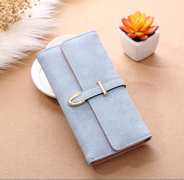 ELECTROPRIME Women Purse Thread Plaid Leather Fashion Design With Polyester Phone Bag Long Slim Ladies Wallet(Light blue)