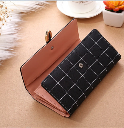 ELECTROPRIME Women Purse Thread Plaid Leather Fashion Design With Polyester Phone Bag Long Slim Ladies Wallet(Light blue)