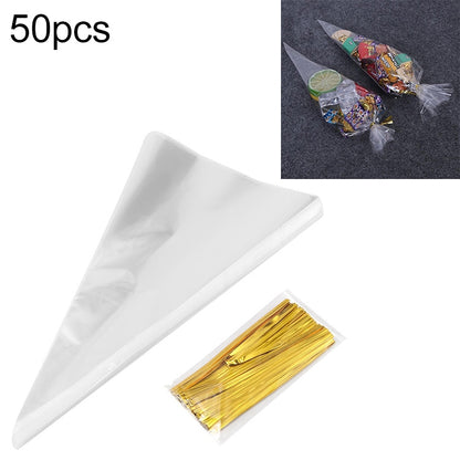 ELECTROPRIME 50pcs / Pack DIY Wedding Birthday Party Transparent Candy Cone Storage Bag, Specification:18x37cm With Wire