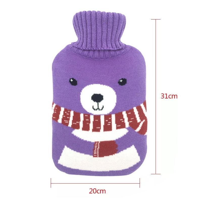 ELECTROPRIME Hot Water Bottle Solid Color Knitting Cover (Without Hot Water Bottle) Water-filled Hot Water Soft Knitting Bottle Velvet Bag(Purple scarf bear)