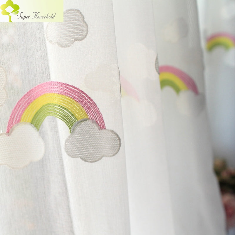 ELECTROPRIME Rainbow Clouds Embroidered Tulle Children Curtains for Kids Bedroom Window Treatments Kitchen Curtains for Living Room, Size:1.5Mx2.7M / Piece Hook Type
